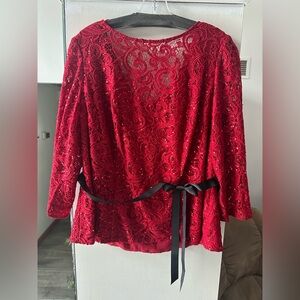 Alex Evening Red Lace blouse With Sequence three-Quarter Sleeve Black Ribbon Tie